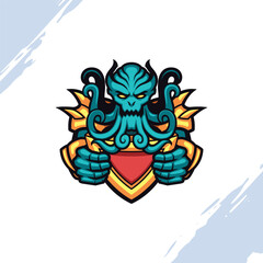 Green Mystical Ocean Monster Wearing Gold Armor and Holding a Shield Mascot