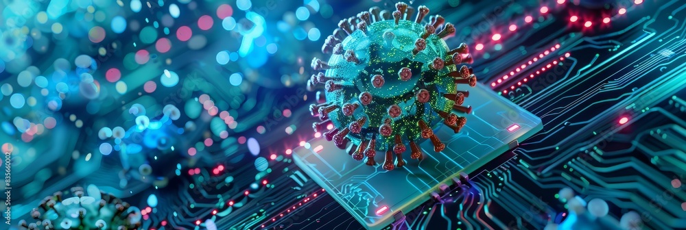 Poster virus structure over a digital circuit board - a portrayal of a coronavirus particle on a digital ci