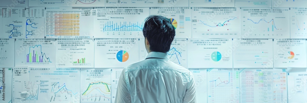 Poster person facing data analysis screens - a professional stands in front of multiple screens displaying 