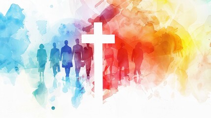 Colorful crowd at a cross with blurred face - A poignant illustration of silhouetted figures approaching a cross, symbolizing faith and unity among diversity