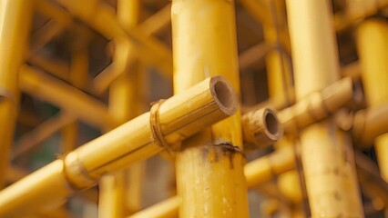A construction site utilizing ecofriendly bamboo scaffolding reducing the carbon footprint and promoting sustainable materials.