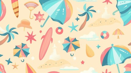 A cute summer-themed pattern with pastel-colored cartoon beach umbrellas, surfboards, and sandcastles, evoking a relaxing beach day