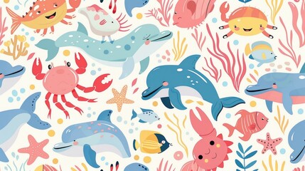 A playful pastel pattern of cartoon sea creatures such as crabs, dolphins, and fish, all with happy expressions and summer elements