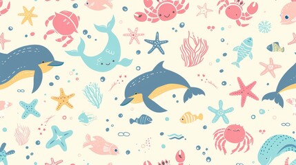 Obraz premium A playful pastel pattern of cartoon sea creatures such as crabs, dolphins, and fish, all with happy expressions and summer elements