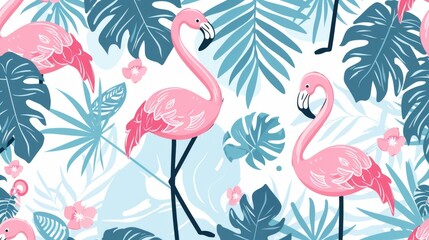 A lovely pattern with pastel cartoon flamingos, palm trees, and tropical leaves, creating a serene and tropical summer scene