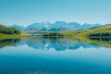Fototapeta premium illustration of morning fog over a beautiful lake surrounded,surrounded by hills, trees and mountains. 