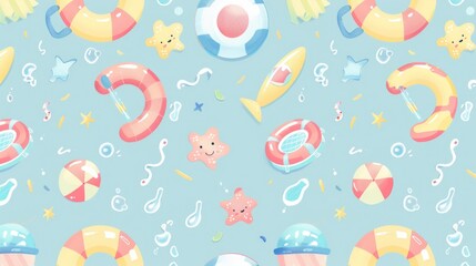A cute pastel-colored pattern of cartoon swimming pools, floaties, and beach balls, creating a fun and splashy summer design