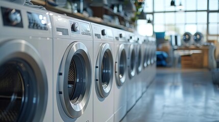 A row of white washing machines in the background