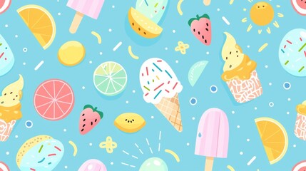 A whimsical pastel-colored pattern of cartoon ice creams, fruit slices, and sunshine, perfect for a cheerful and bright summer design