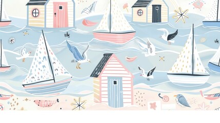 A playful pastel pattern of cartoon sailboats, beach huts, and seagulls, creating a charming and nautical summer scene