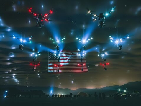 Lit up drones during an air show with red and blue lights for the forth of July.