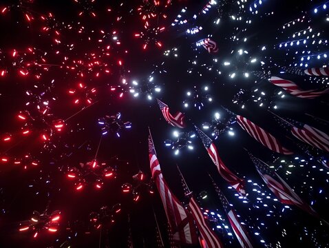 Lit up drones during an air show with red and blue lights for the forth of July.