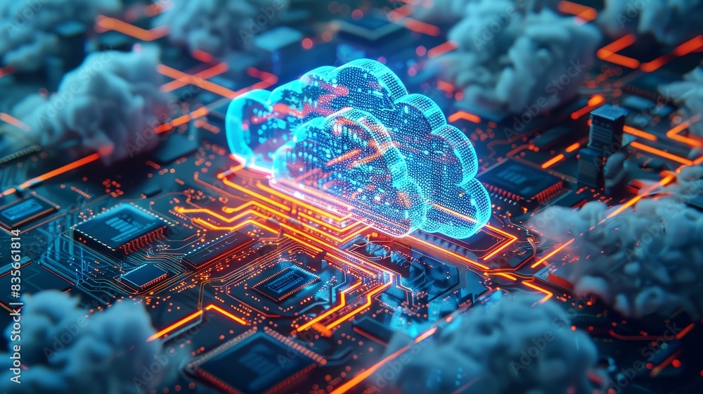 Poster futuristic cloud computing concept on circuit board - an illustration showcasing a 3d cloud symbol i