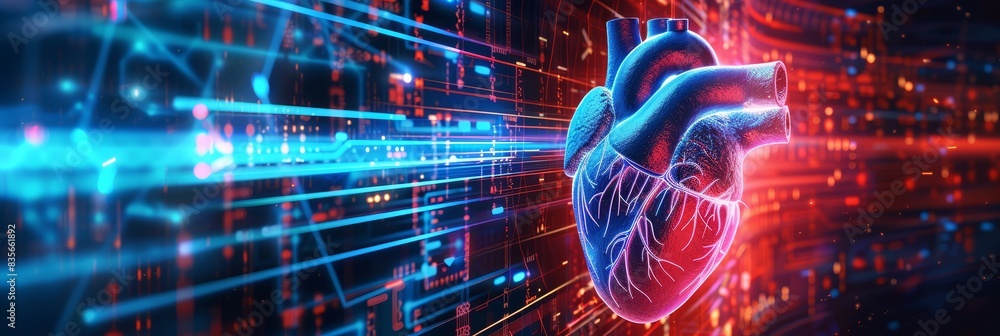 Poster digital representation of a human heart - an intricate digital rendering of the human heart set agai