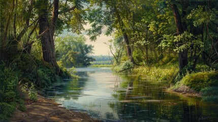 Obraz premium Summer scene featuring a river bend surrounded by trees