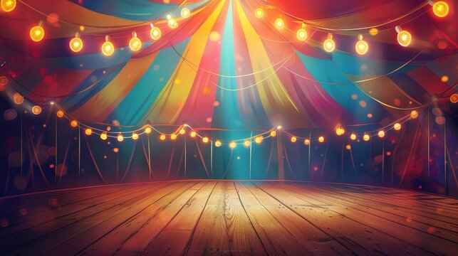 Festive circus tent interior with lights - Creatively illustrates a vibrant circus tent interior with colorful drapes and festive lights, invoking a magical atmosphere