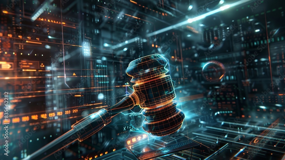 Poster Gavel with holographic tech background - Image shows a holographic judge's gavel on a digital tech background, representing online justice