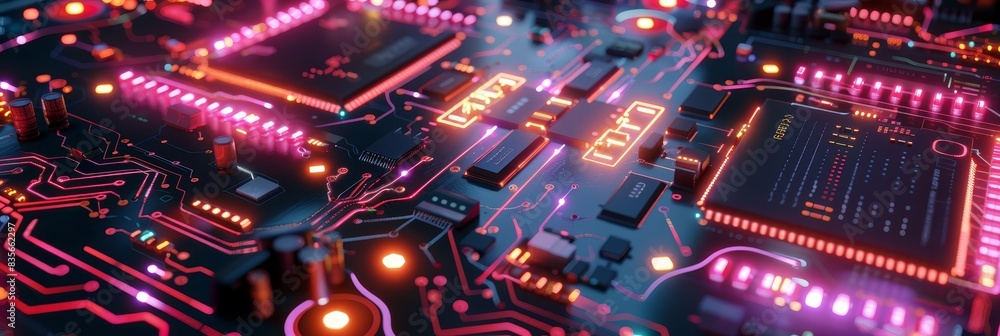 Poster close-up of an illuminated electronic circuit - macro shot of a glowing electronic circuit board wit