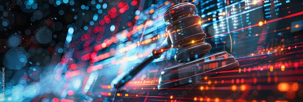 Poster gavel with digital background in red tones - striking image of a judge's gavel superimposed on a red