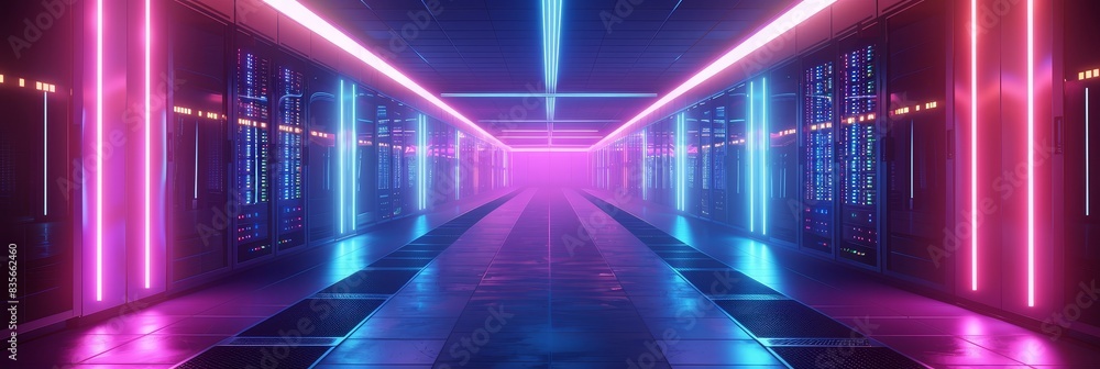Poster neon-lit data center pathway in a modern style - stylish modern pathway between servers with blue an