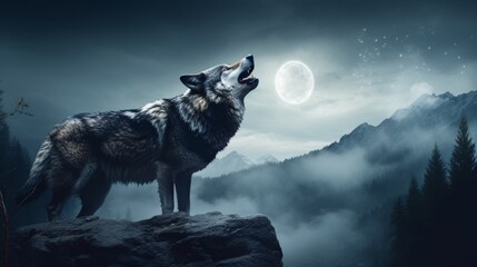 predator wolf howl moonlit night mountain dark forest. - Powered by Adobe