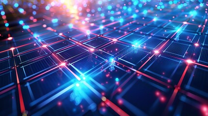 Obraz premium Close-Up of Solar Panel Innovations: Harnessing Renewable Energy for a Greener Future, Overlay layers with city background and holograms of technology icons are in the foreground, intersected by
