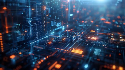 Fototapeta premium Satellite Technology Close-Up: Mapping the Cosmos with Precision, Overlay layers with city background and holograms of technology icons are in the foreground, intersected by glowing neon lines,