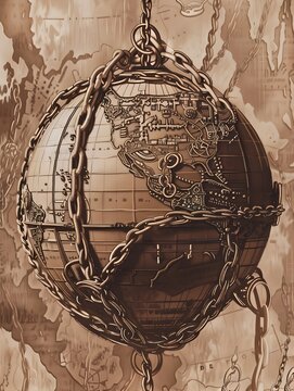 Chained Globe Encapsulated by Corporate Logos  Showcasing Steampunk Inspired Neocolonial Control Symbolism