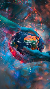 Collaborative Global Connections Surreal Hands Shaking Over Holographic Earthscape