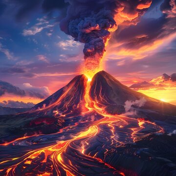 Dramatic Volcanic Eruption Spewing Lava and Ash in Twilight Sky