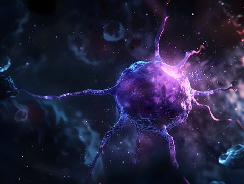 Glowing Cancer Cell Surrounded by Abstract Cosmic Backdrop in 3D Digital Artwork