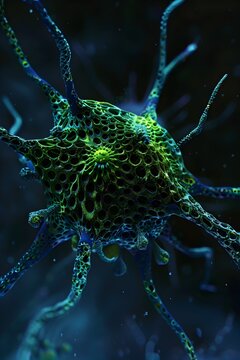 Intricate Cancer Cell with Neon Green and Blue 3D