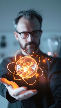 Researcher Holding Glowing Quantum Particle Model with Laboratory Equipment in Background