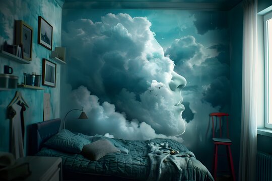 Stormy Bedroom Dreamscape   Surreal Interior with Dramatic Clouds and Moody Atmosphere
