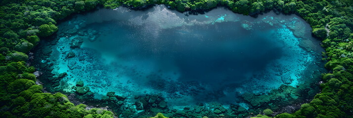 8k, panorama, Top view widescreen of Seascape The wonders of the Galapagos ecosystem, A tropical underwater scene with fish, coral reefs, and a diver in the blue ocean