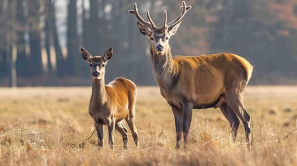 Female red deer and a young stag standing in a field with the woods in the background