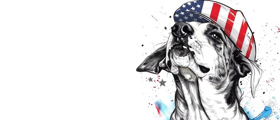 Artistic illustration of a dog wearing an American flag cap. Vibrant splashy design with patriotic elements. Perfect for celebrations and decor.