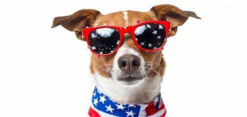 Cute dog wearing patriotic sunglasses and scarf with American flag design. Perfect for celebrating Independence Day or Memorial Day.