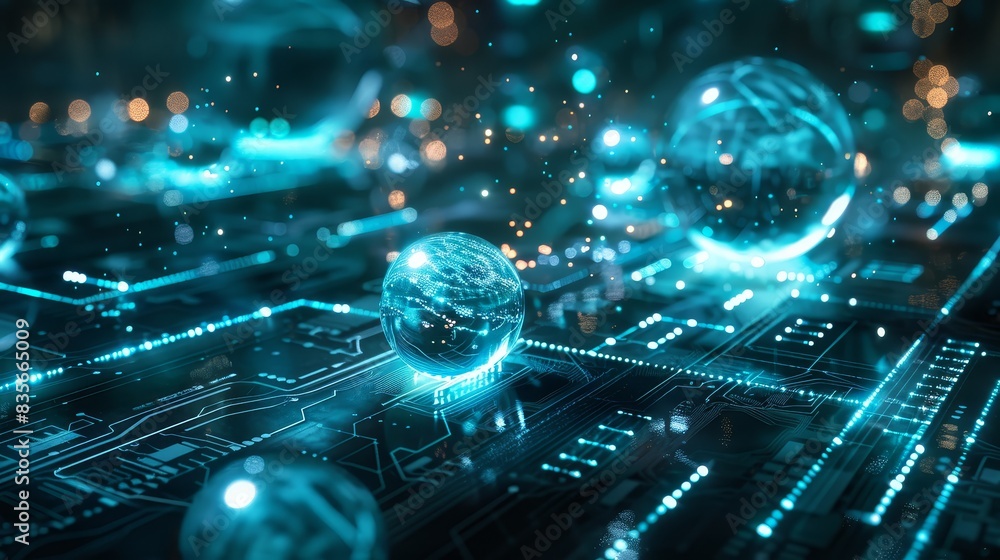 Poster futuristic glowing spheres on a circuit board - this detailed image showcases illuminated orbs akin 