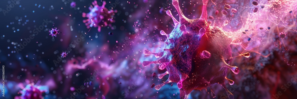 Poster dynamic 3d virus pathogen on dark background - this image captures a dynamic and detailed 3d illustr