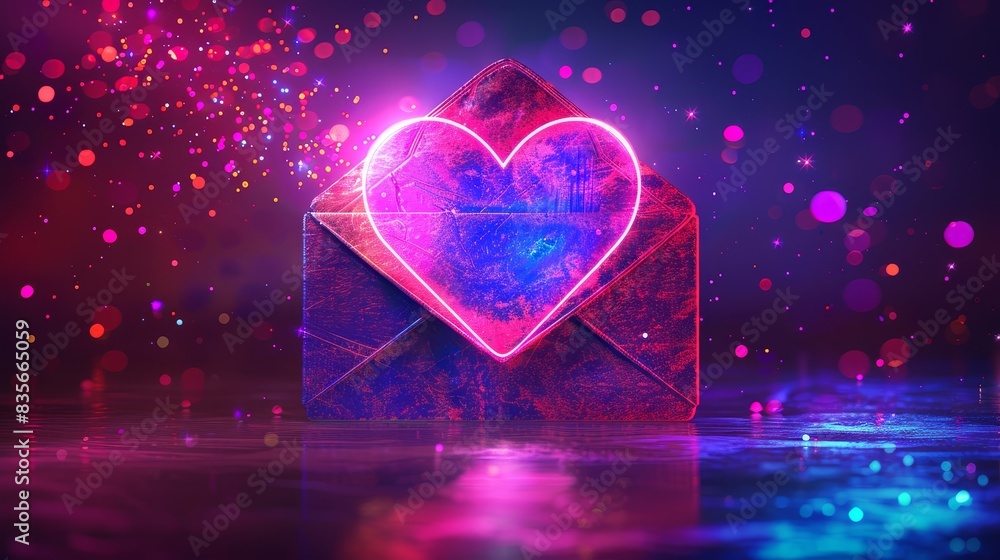 Poster neon heart envelope with sparkling effects - this image features a glowing neon heart enveloped with