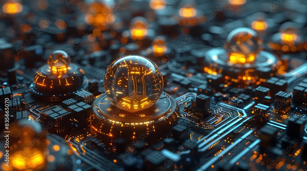 Poster abstract technology concept with glowing orbs - this image features glowing orbs over a circuit boar