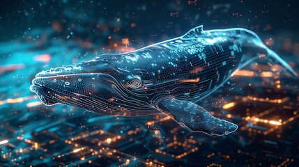 Whale Close-Up: Explore the Futuristic Majesty of Earth's Largest Mammals, Overlay layers with city background and holograms of technology icons are in the foreground, intersected by glowing neon