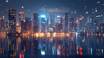 Fototapeta premium City skyline reflected on water at night - This image portrays a stunning city skyline with bright light reflections on the water, symbolizing urban life and progress