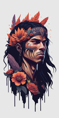 Aztec warrior adorned with colorful feathers and vivid tribal tattoos of honor.