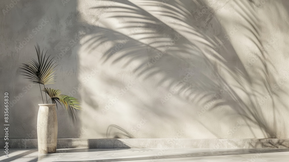 Poster minimal product integration with palm shadow on a plaster wall high end summer architecture interior