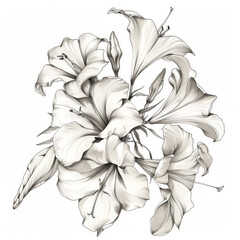 Beautiful hand-drawn sketch of lily flowers in black and white, showcasing intricate details and elegant lines.