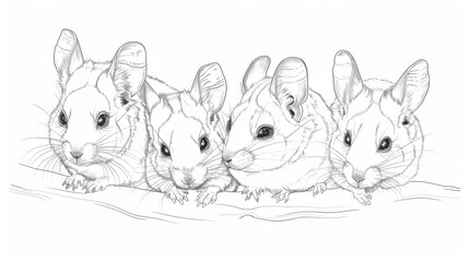 Realistic pencil sketch of four chinchillas lined up, highlighting their fluffy fur and curious expressions.