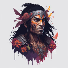Vibrant feathers and tribal tattoos show the honor of this Aztec warrior.