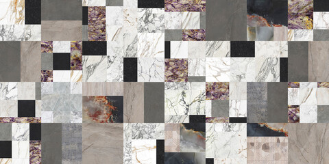 Beautiful patchwork mosaic made of several natural marbles and stones. Retro backdrop.